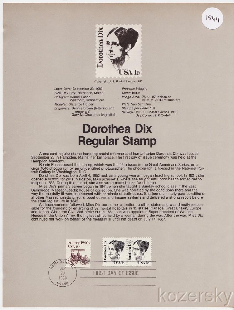 U.S. 1844, Dorothy Dix Regular Stamp, USPS Souvenir Page
