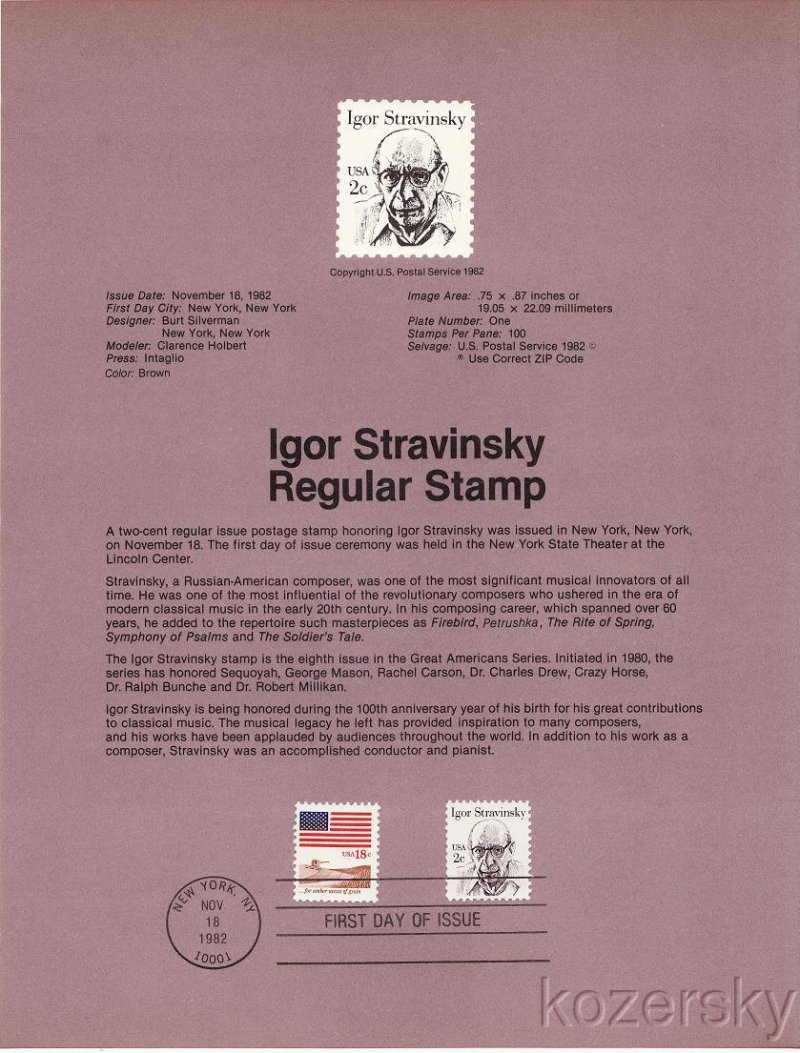 U.S. 1845, Igor Stravinski, Regular Stamp, USPS Souvenir Page