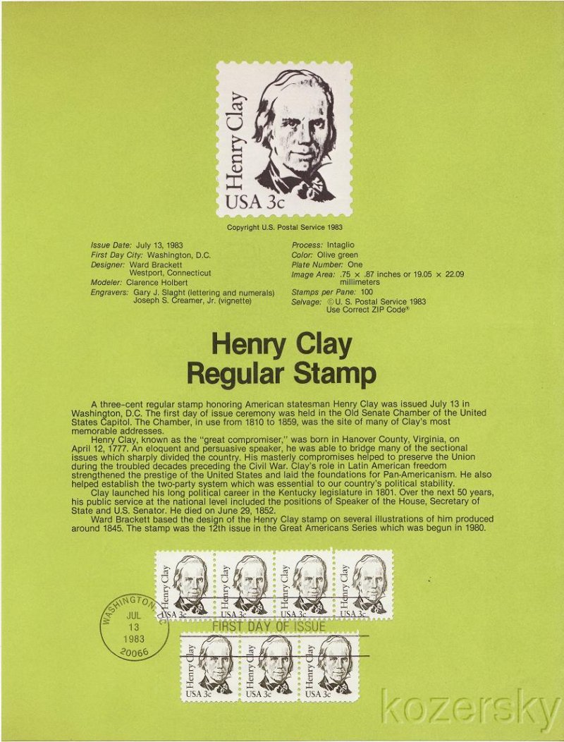 U.S. 1846, Henry Clay Regular Stamp USPS Souvenir Page