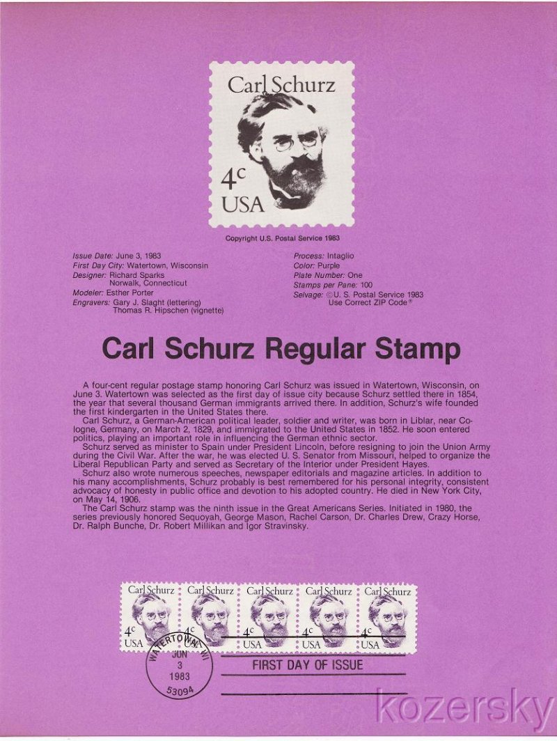 U.S. 1847, Carl Schurz Regular Stamp USPS Souvenir Page