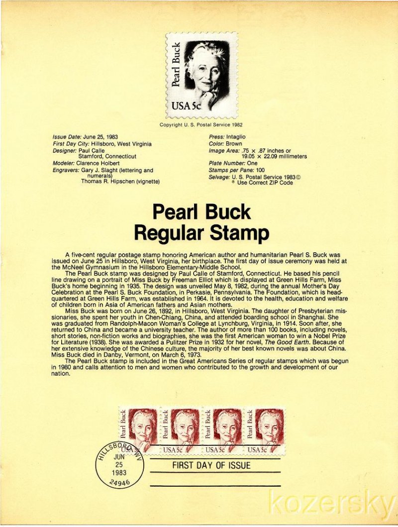 U.S. 1848, Pearl Buck, Regular Stamp, USPS Souvenir Page