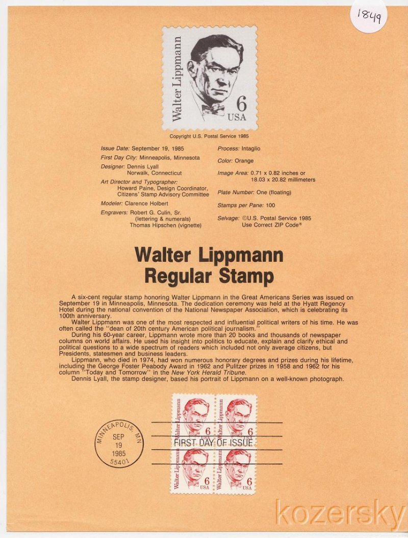 U.S. 1849, Walter Lippman, Regular Stamp, USPS Souvenir Page