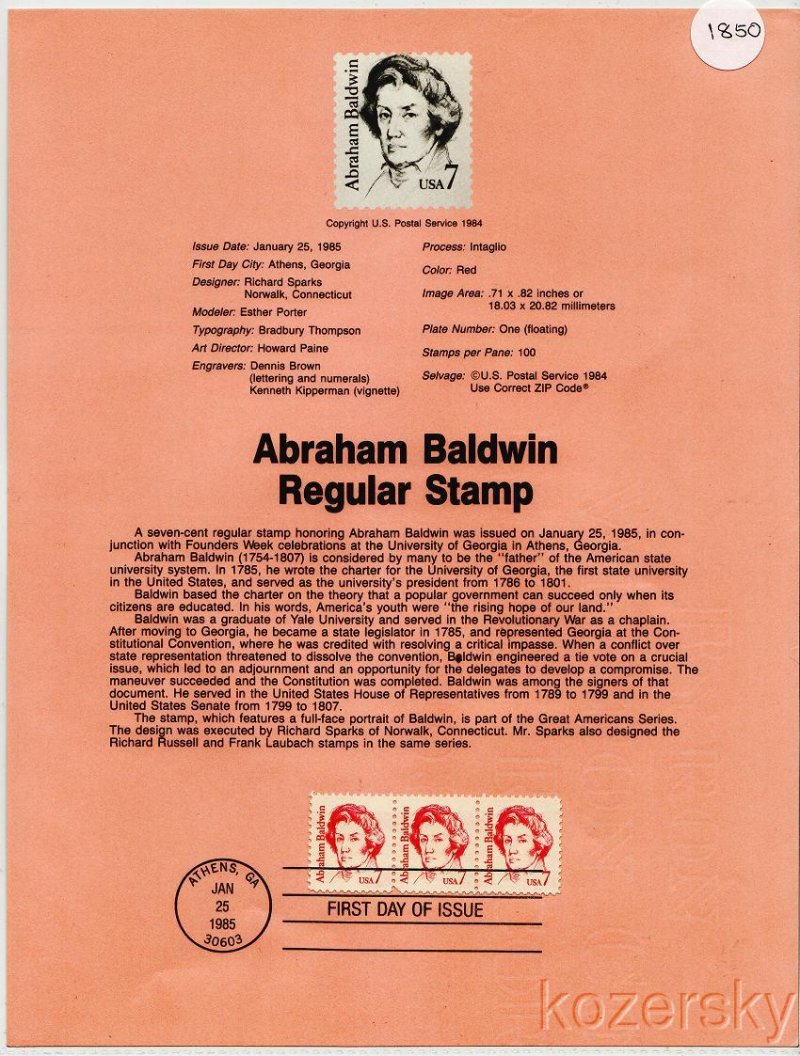 U.S. 1850, Abraham Baldwin, Regular Stamp, USPS Souvenir Page