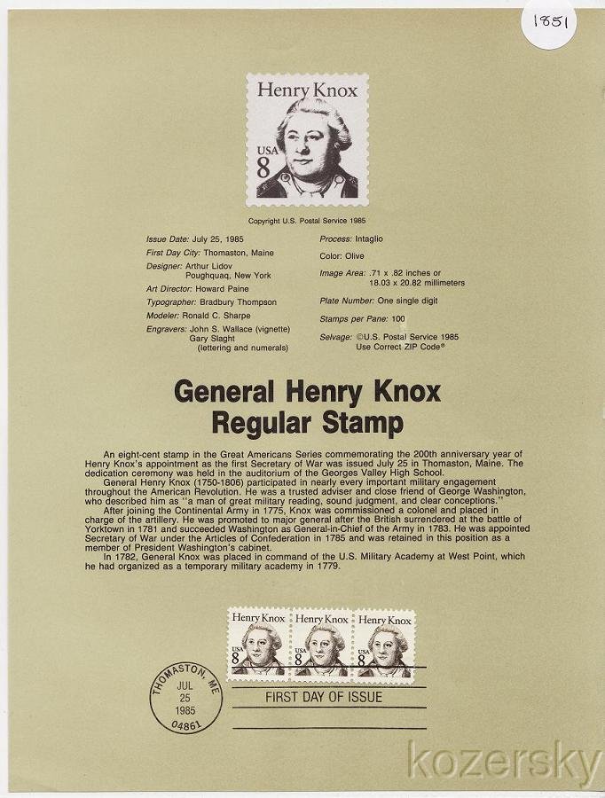 U.S. 1851, General Henry Knox, Regular Stamp, USPS Souvenir Page