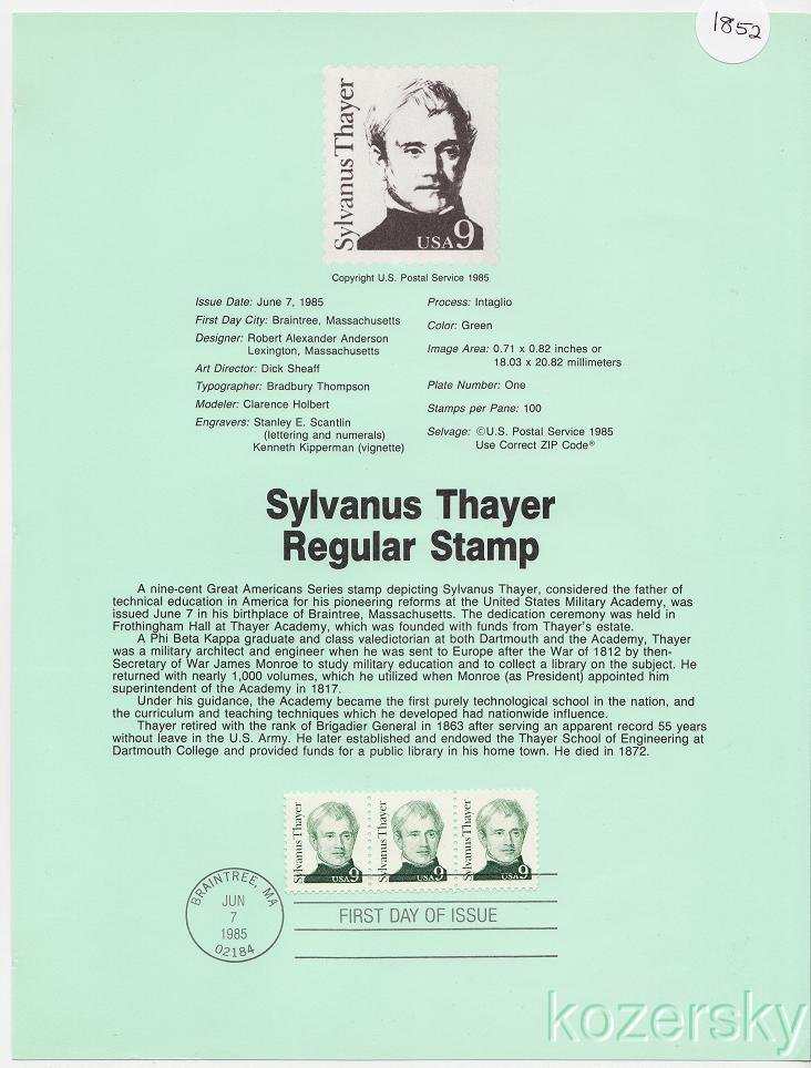 U.S. 1852, Sylvanus Thayer, Regular Stamp, USPS Souvenir Page