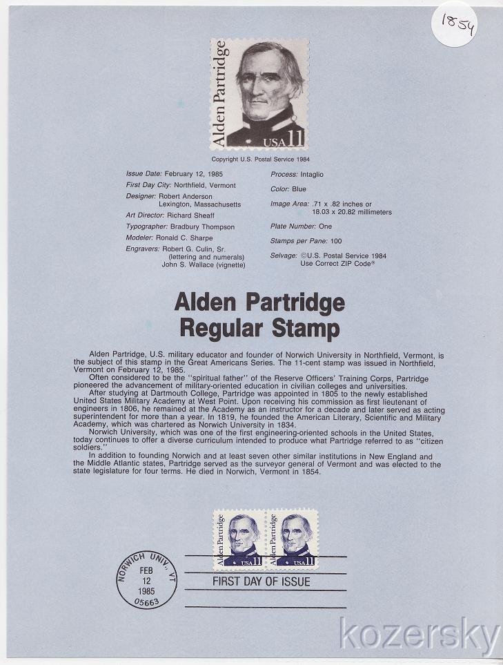 U.S. 1854, Alden Partridge, Regular Stamp, USPS Souvenir Page
