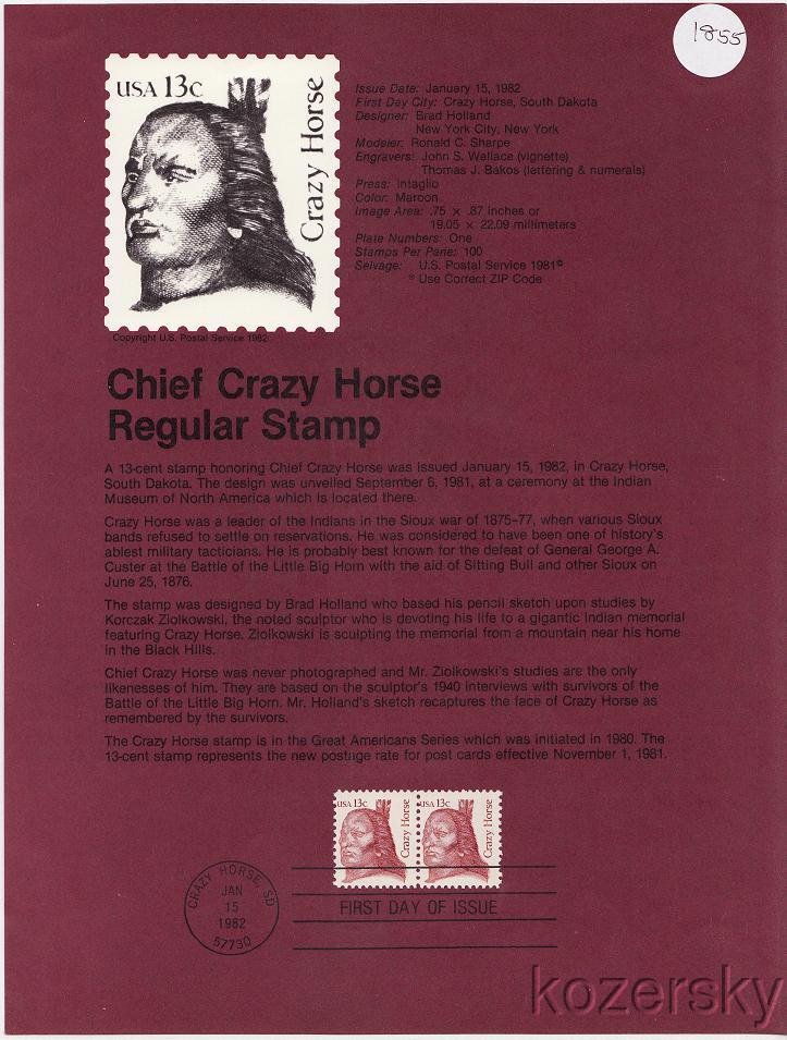 U.S. 1855, Chief Crazy Horse, Regular Stamp, USPS Souvenir Page