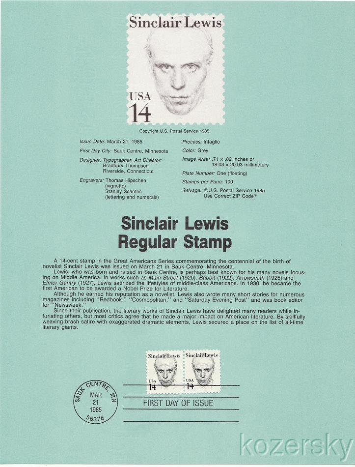 U.S. 1856, Sinclair Lewis, Regular Stamp, USPS Souvenir Page