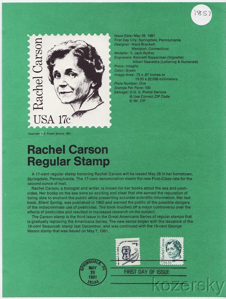 U.S. 1857, Rachel Carson, Regular Stamp, USPS Souvenir Page
