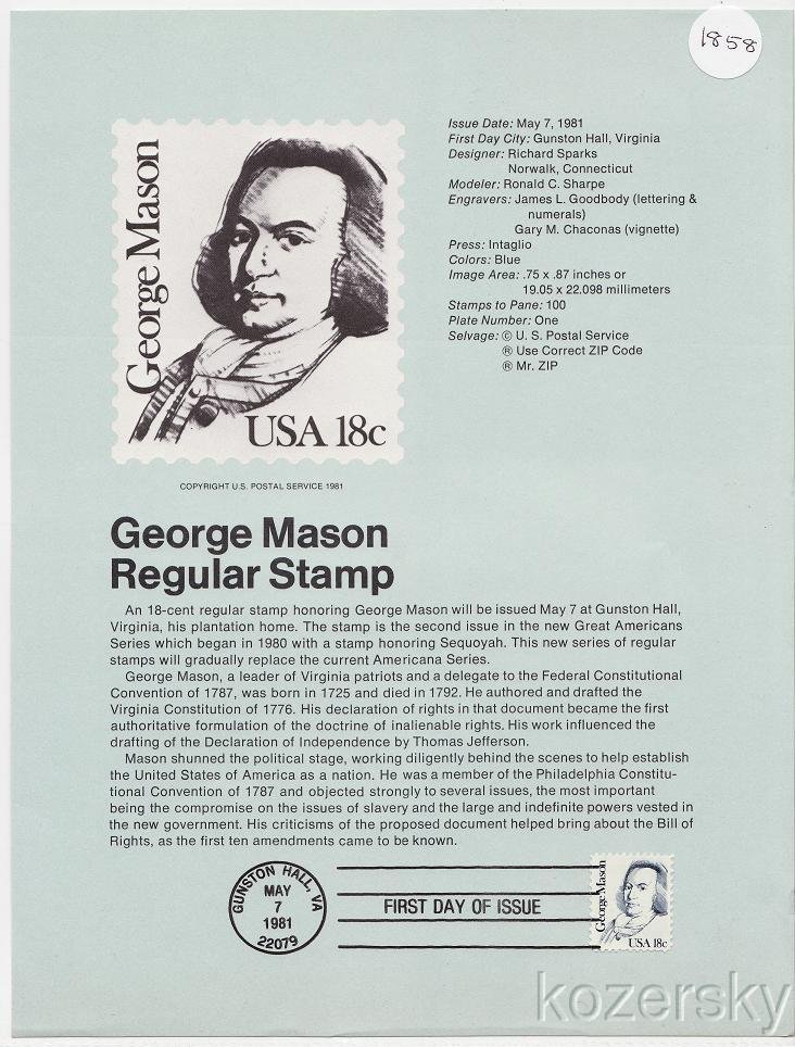 U.S. 1858, George Mason, Regular Stamp, USPS Souvenir Page