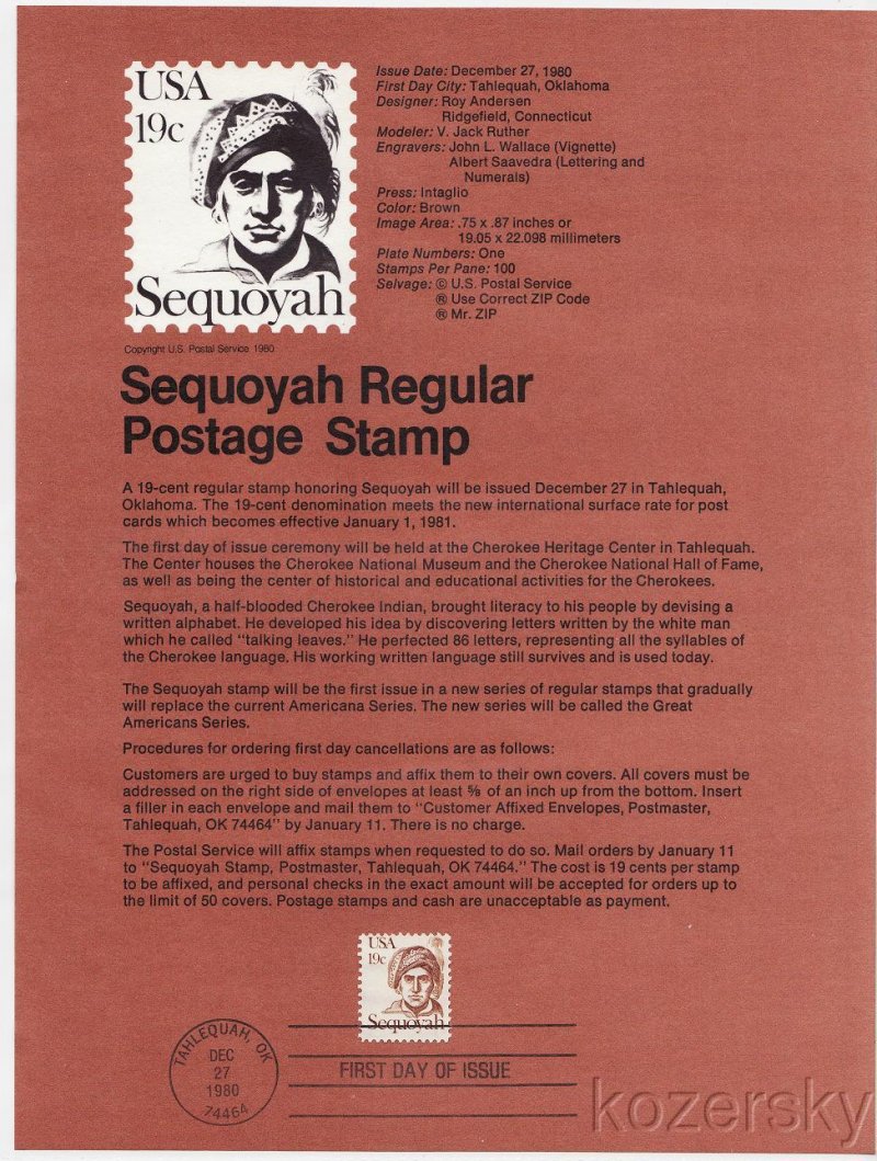 U.S. 1859, Sequoyah Stamp USPS Souvenir Page