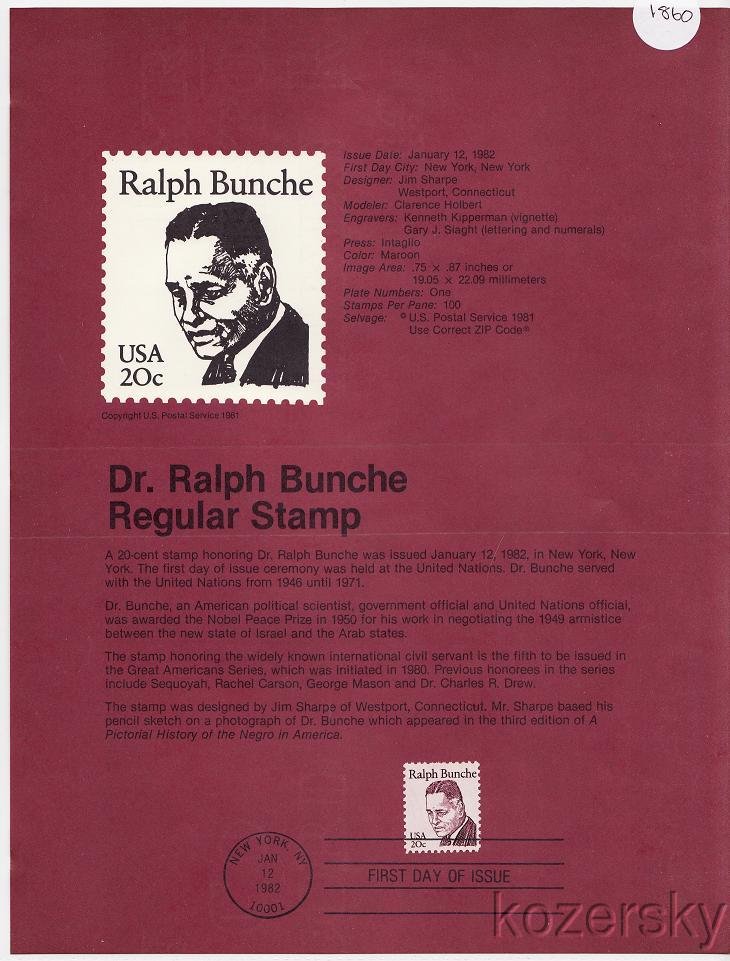 U.S. 1860, Dr. Ralph Bunche, Regular Stamp, USPS Souvenir Page