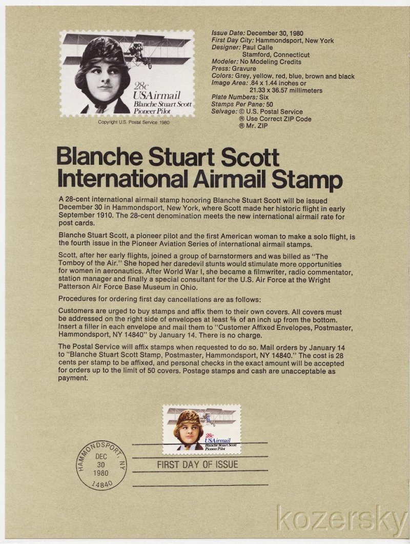 U.S. C 99, Blanche Scott Airmail Stamp USPS Souvenir Page