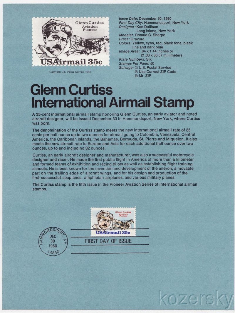 U.S. C100, Glenn Curtiss Airmail Stamp USPS Souvenir Page