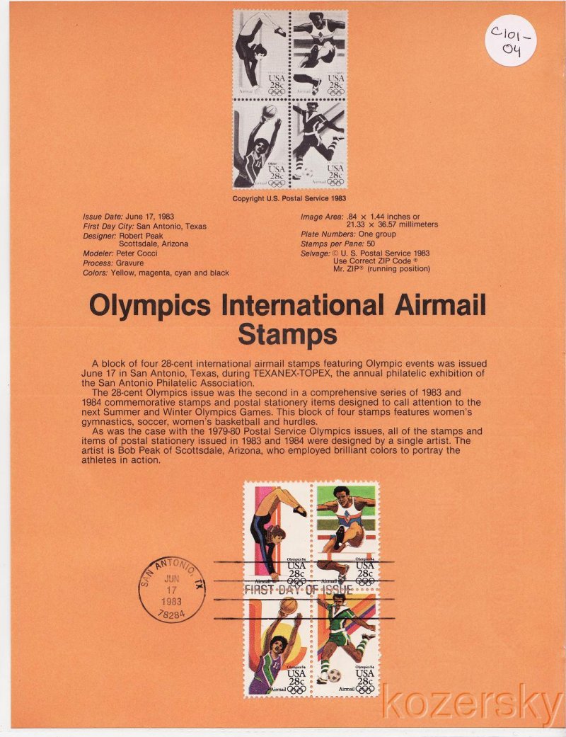 U.S. C101-04, Olympics Airmail Stamps USPS Souvenir Page