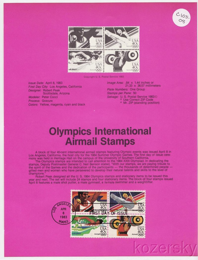 U.S. C105-08, Olympics Airmail Stamps USPS Souvenir Page