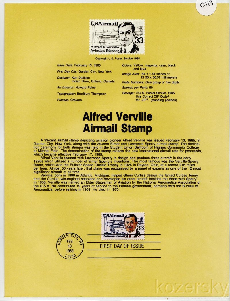 U.S. C113, Alfred Verville Airmail Stamp USPS Souvenir Page