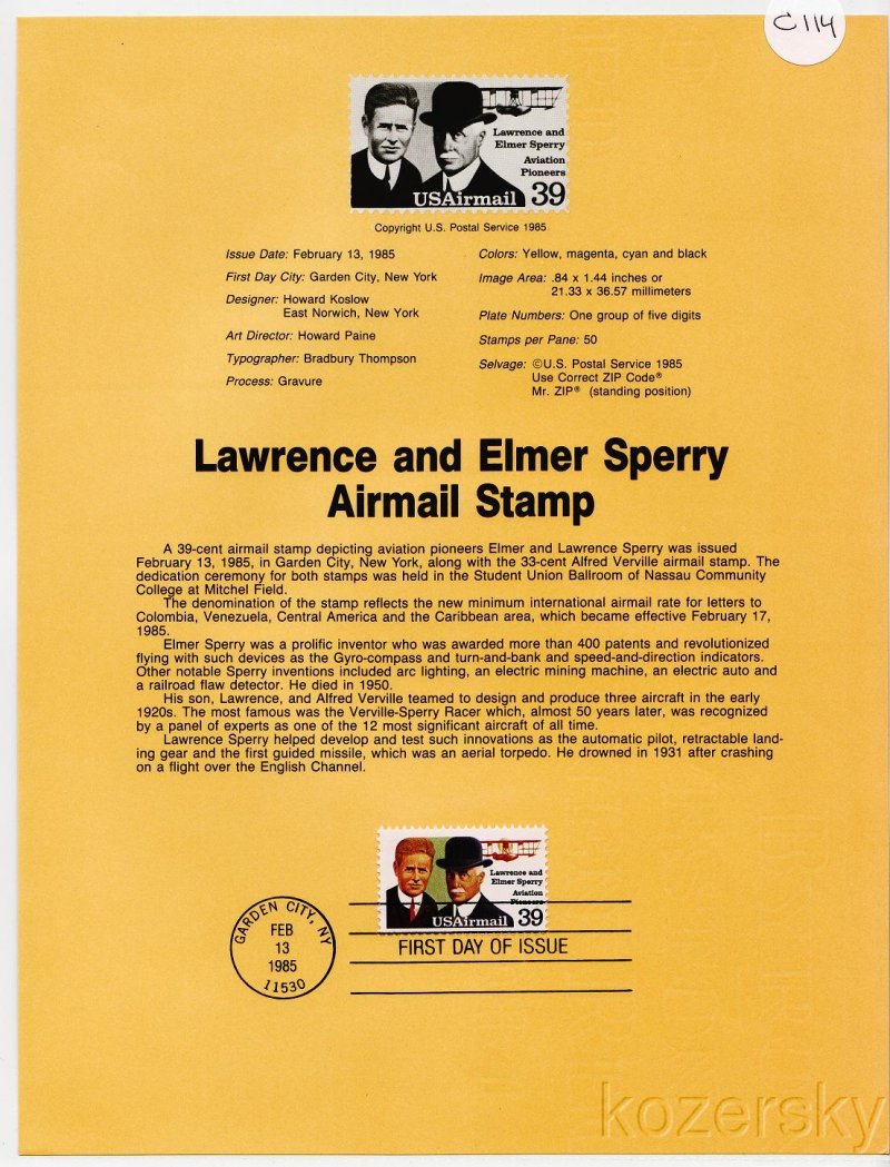 U.S. C114, Lawrence and Elmer Sperry Airmail Stamp Souvenir Page