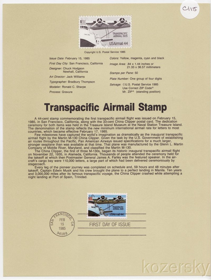 U.S. C115, Transpacific Airmail Stamp USPS Souvenir Page