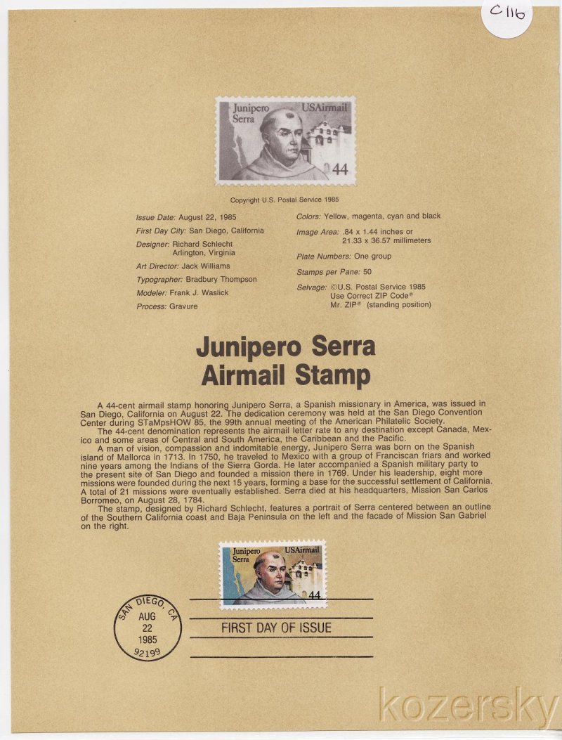 U.S. C116, Junipero Serra Airmail Stamp USPS Souvenir Page