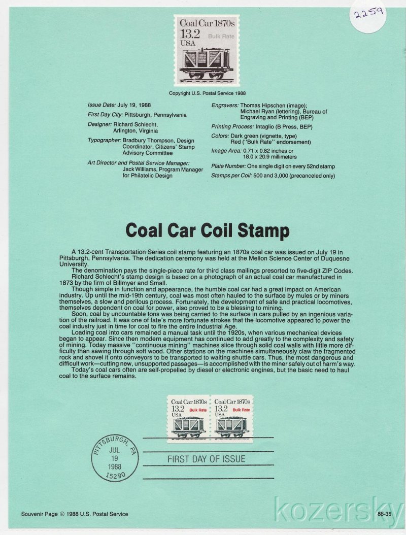 U.S. 2259, Coal Car Coil Stamp, USPS Souvenir Page