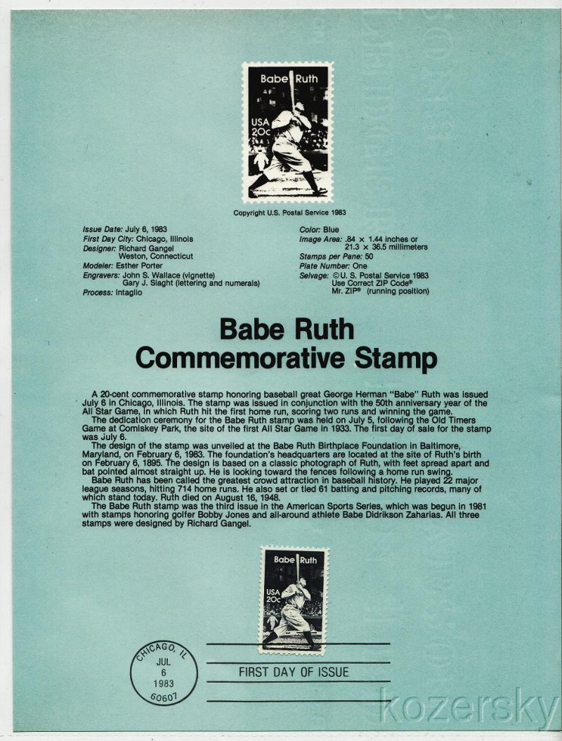 U.S. 2046, Babe Ruth Commemorative Stamp, USPS Souvenir Page