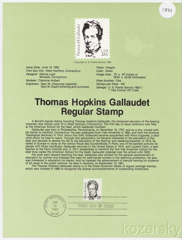 U.S. 1861, Thomas Hopkins Gallaudet, Regular Stamp, USPS Souvenir Page