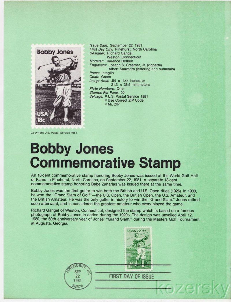 U.S. 1933 Bobby Jones Commemorative Stamp USPS Souvenir Page