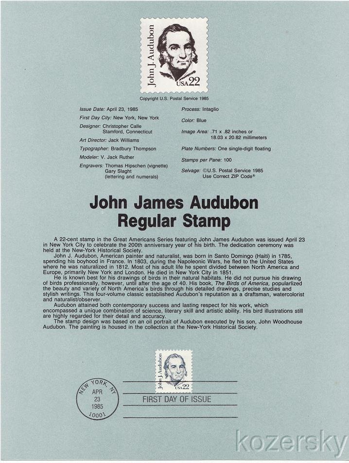 U.S. 1863, John James Audubon, Regular Stamp, USPS Souvenir Page