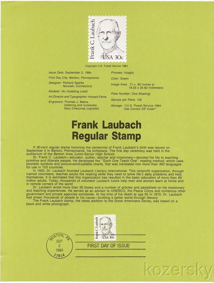 U.S. 1864, Frank Laubach, Regular Stamp, USPS Souvenir Page