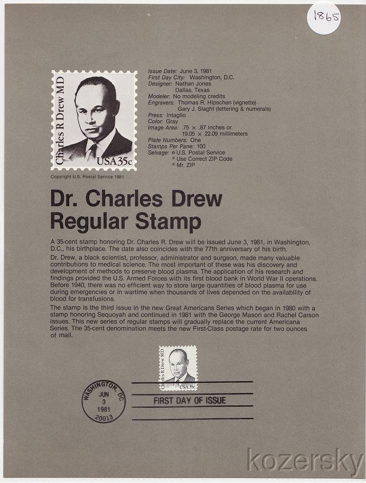 U.S. 1865, Dr. Charles Drew, Regular Stamp, USPS Souvenir Page