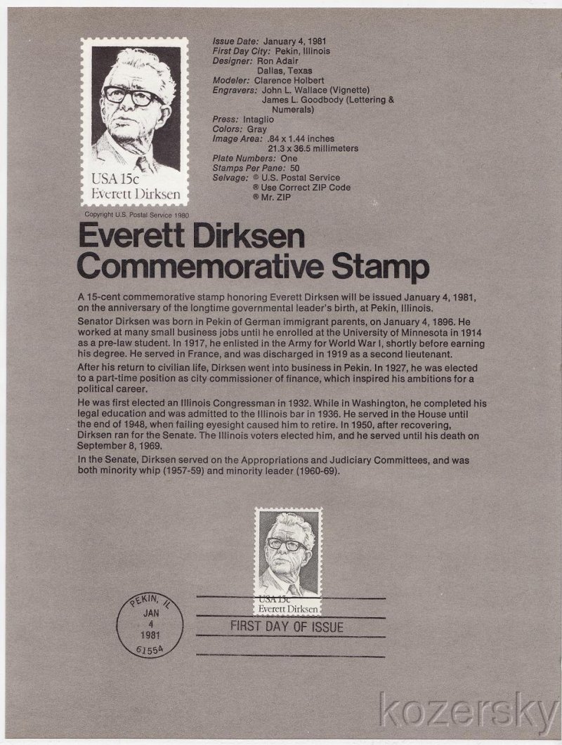 U.S. 1874, Everett Dirksen Stamp USPS Souvenir Page