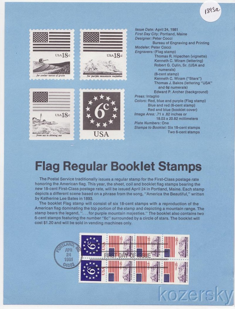 U.S. 1893a, Flag Regular Booklet Stamps, USPS Souvenir Page