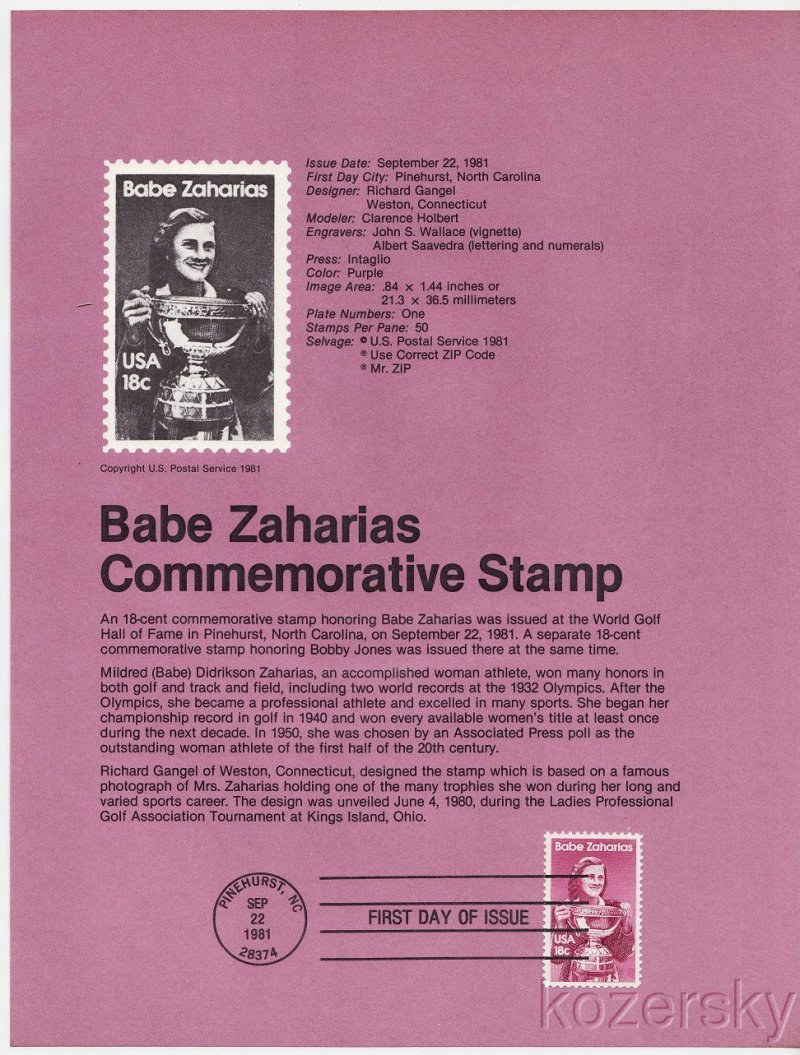 U.S. 1932, Babe Zaharias Commemorative Stamp, USPS Souvenir Page
