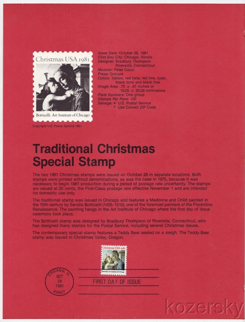 U.S. 1939, Madonna and Child Christmas Stamp, USPS Souvenir Page