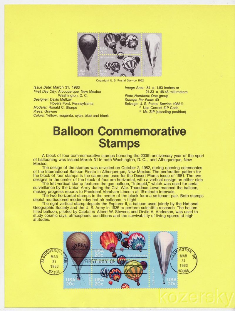 U.S. 2032-35 Balloon Commemorative Stamps, USPS Souvenir Page