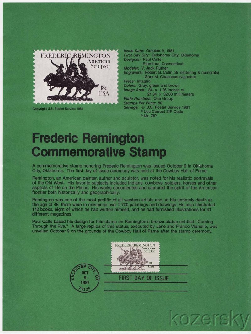 U.S. 1934, Frederic Remington Stamp, USPS Souvenir Page