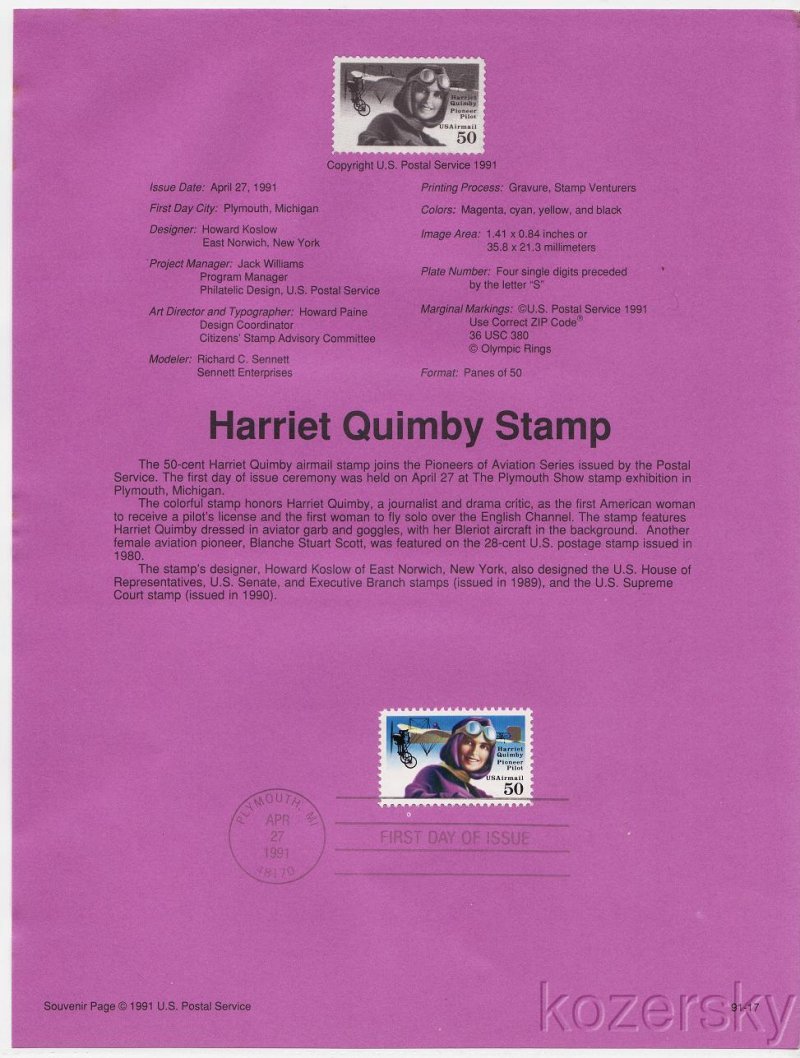 U.S. C128, Harriet Quimby Airmail Stamp, USPS Souvenir Page