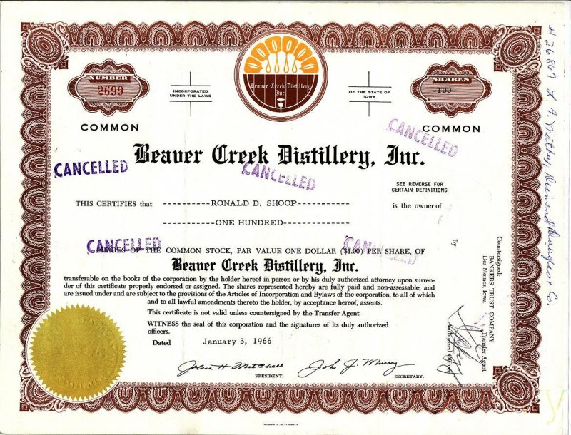 Beaver Creek Distillery, Inc. Stock Certificate