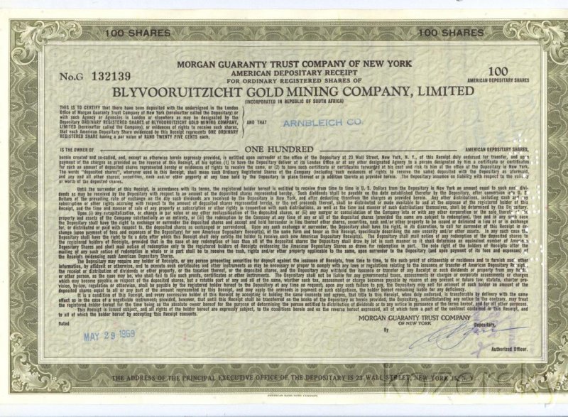 Blyvooruitzicht Gold Mining Co. Stock Certificate