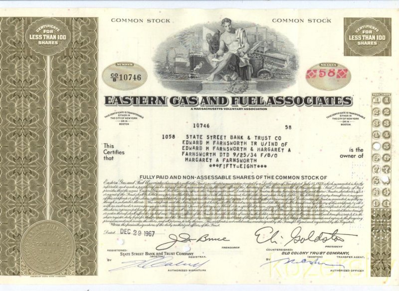 Eastern Gas and Fuel Assoc., Stock Certificate 