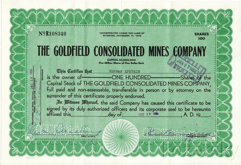 Goldfield Consolidated Mines Company, Stock Certificate