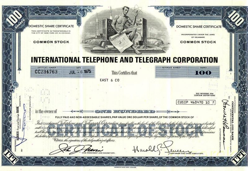 International Telephone and Telegraph Corp., Stock Certificate, 1970s