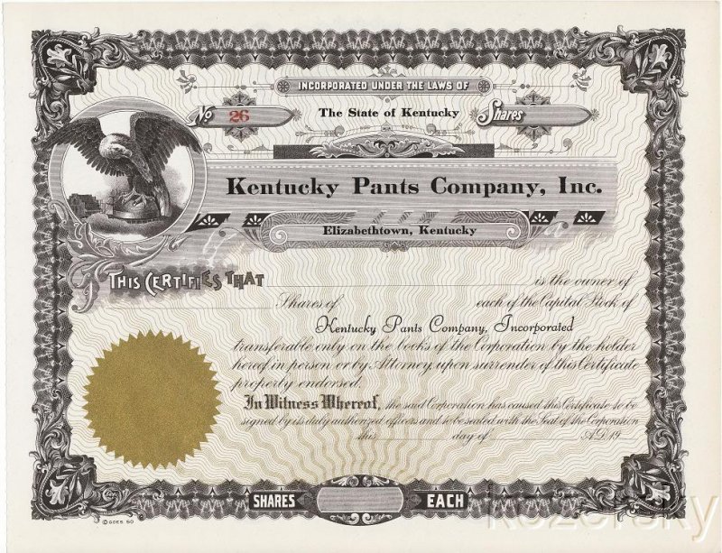 Kentucky Pants Company, Inc., Stock Certificate. Unissued