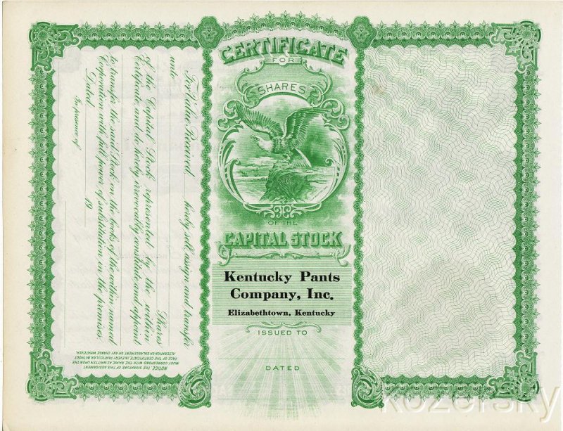 Kentucky Pants Company, Inc., Stock Certificate. Unissued