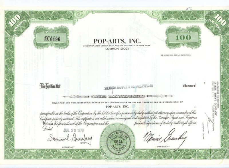 Pop Arts, Inc., Stock Certificate