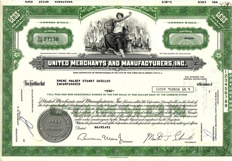United Merchants and Manufacturers, Inc., Stock Certificate