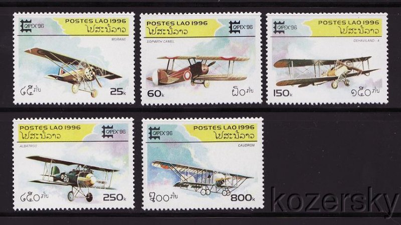 Laos 1284-88, Laos Antique Aircraft Stamps, Airplanes, Capex '96, MNH