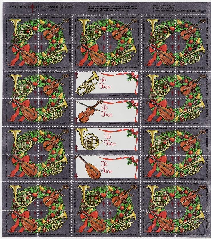 1991-2.4x, 1991 U.S. Christmas TB Seals, Sheet/44, Silver, pm F, MNH 