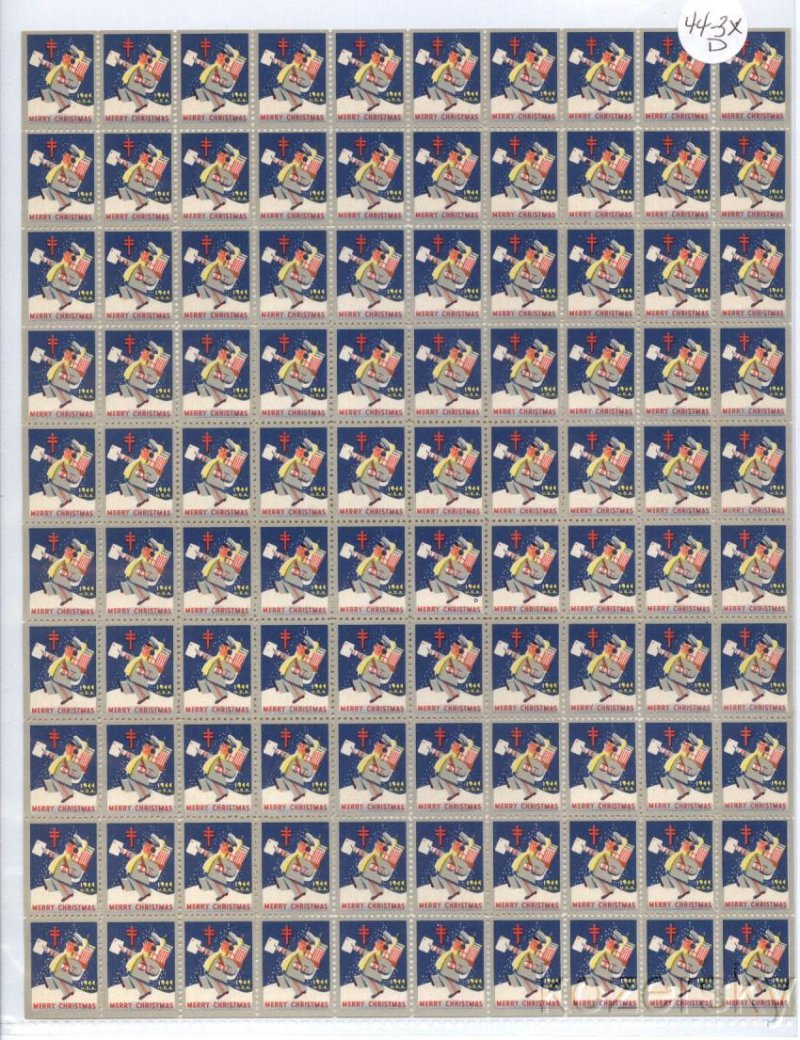  1944-1x, WX118, 1944 U.S. Christmas TB Seals, Sheet/100, pm E, MNH